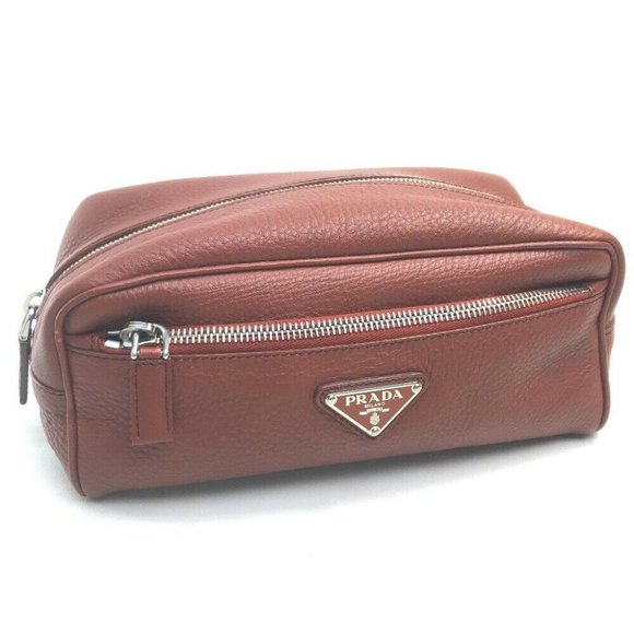 PRADA Triangle Logo Plate accessory case Pouch Leather Red - Picture 1 of 9